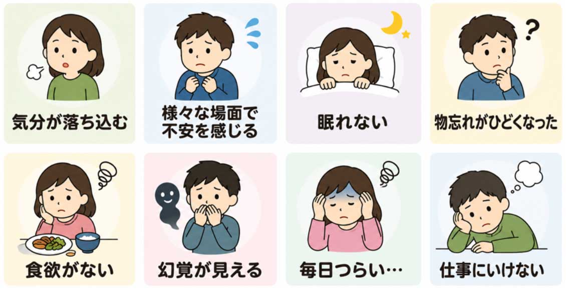 気分の落ち込み、不安、不眠、物忘れ、食欲低下、幻覚、つらさ、仕事に行けないなど、こころの不調にみられる初期症状